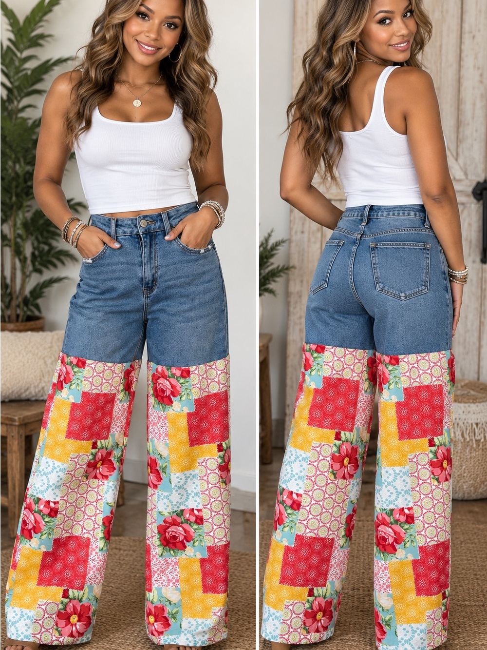 Upcycled Flying Monkey Patchwork Wide-Leg Jeans